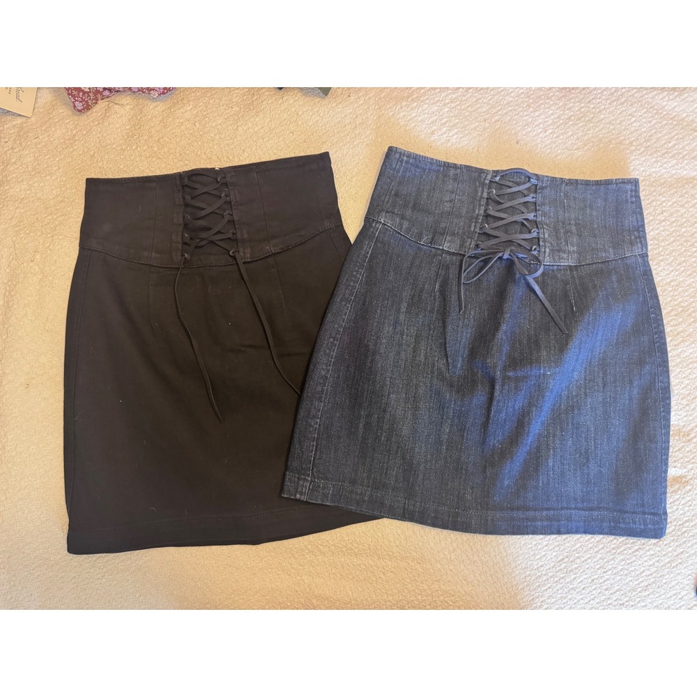 Express High Waisted Lace Up Corset Mini Skirt Lot 2 Black & Dark Wash Denim 4